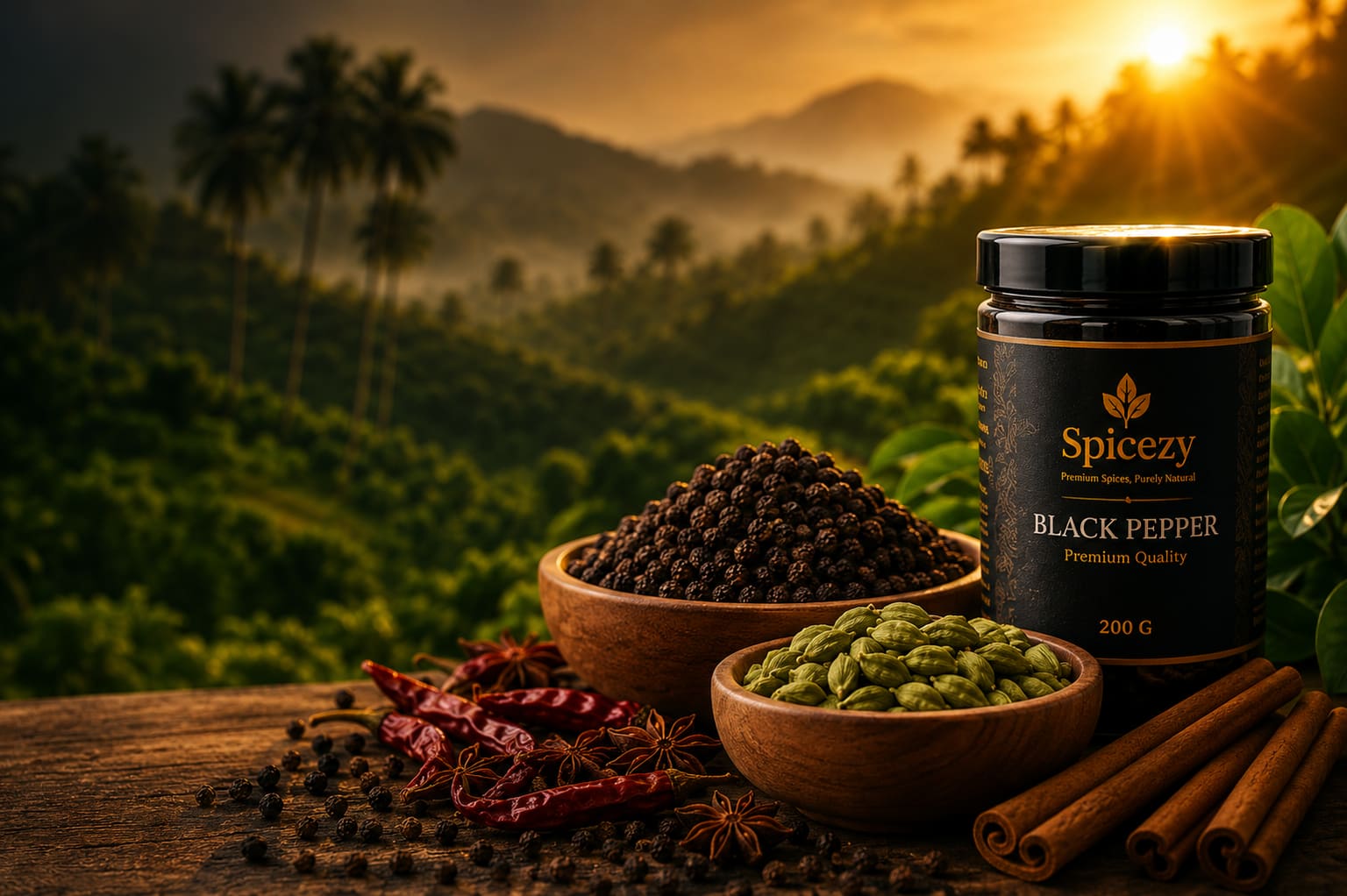 Kerala spices — black pepper, cardamom, turmeric and chillies from Spicezy